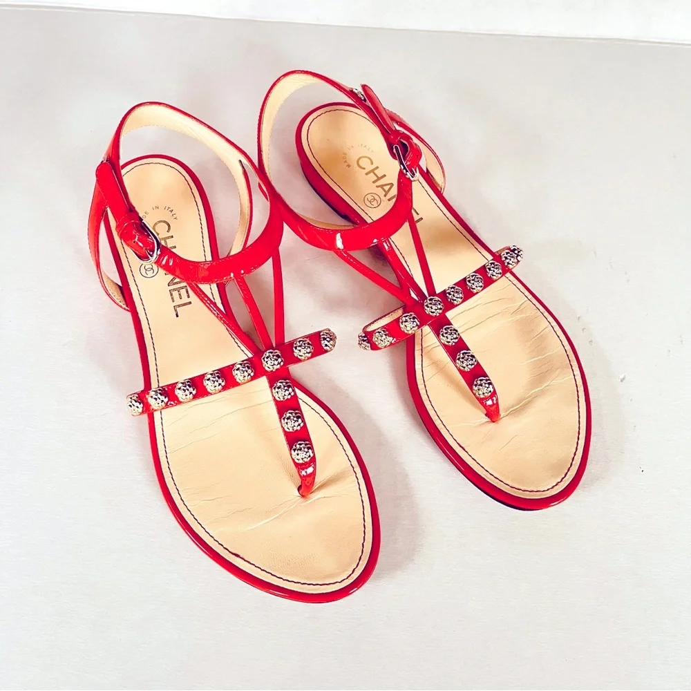 CHANEL coral red gold camellia studded flat sandals 38